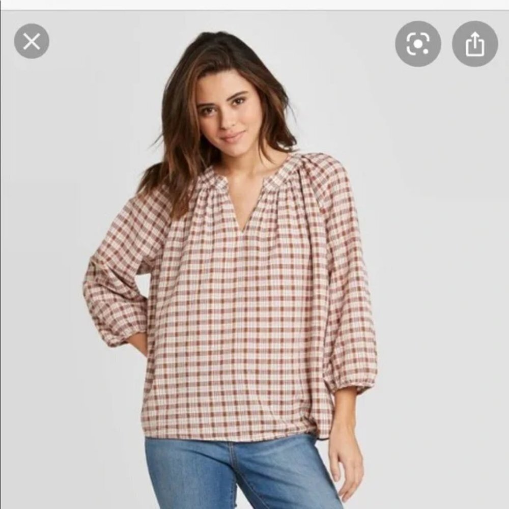 UNIVERSAL Thread Blouse Tan Plaid 3/4 Sleeve V Neck Bohemian Casual Womens